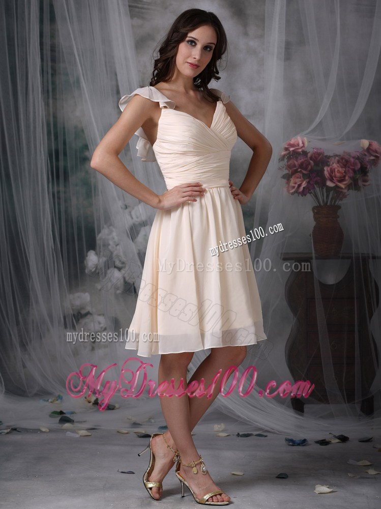 Off White Empire V-neck Straps Chiffon Bridemaid Dress with Ruche