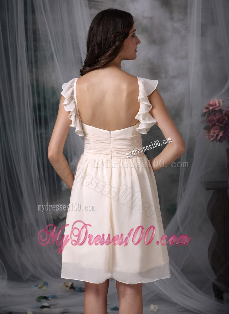 Off White Empire V-neck Straps Chiffon Bridemaid Dress with Ruche