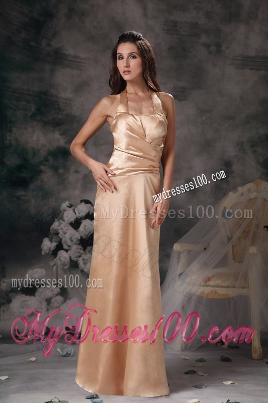 Halter Column Ruched Satin Bridesmaid Dress in Champagne