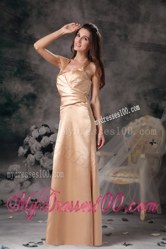 Halter Column Ruched Satin Bridesmaid Dress in Champagne