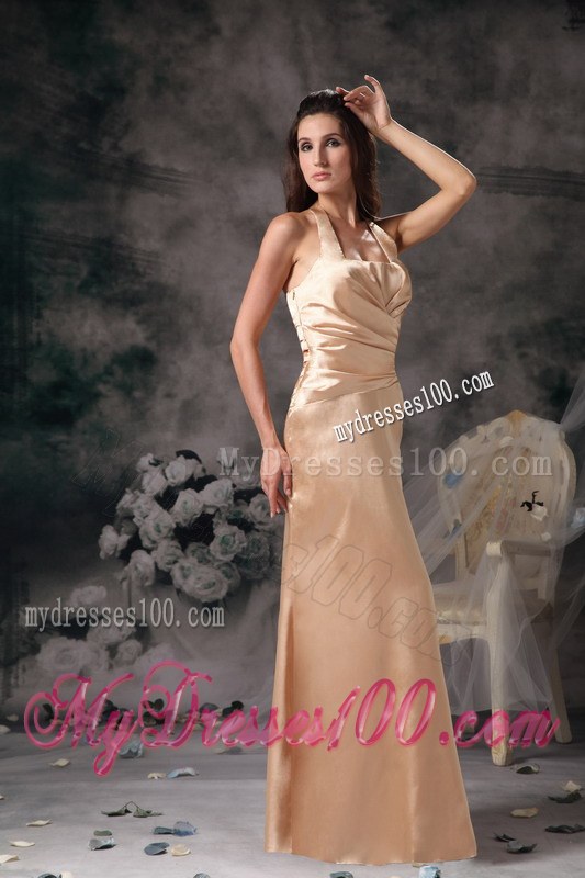 Halter Column Ruched Satin Bridesmaid Dress in Champagne