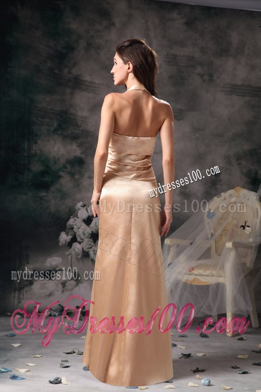 Halter Column Ruched Satin Bridesmaid Dress in Champagne