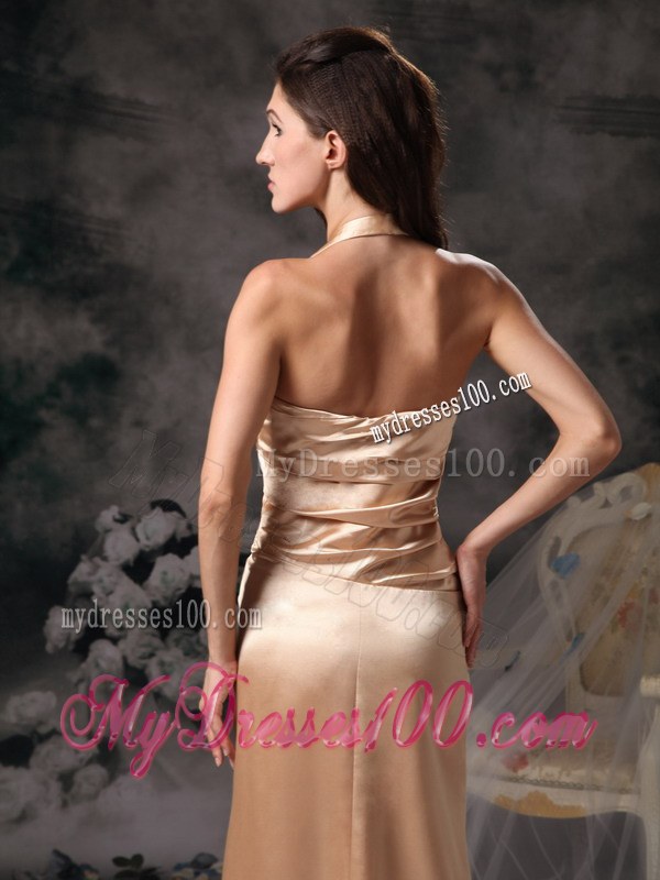 Halter Column Ruched Satin Bridesmaid Dress in Champagne