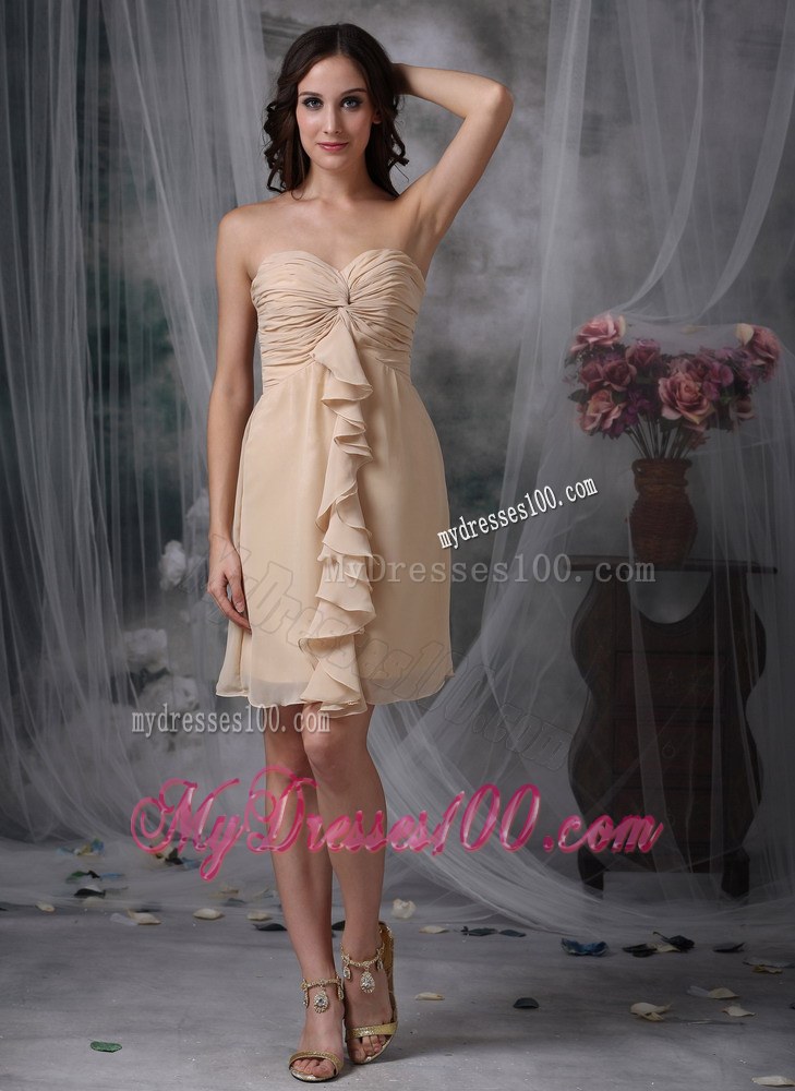 Champagne Column / Sheath Swetheart Mini-length Chiffon Ruch Prom Dress