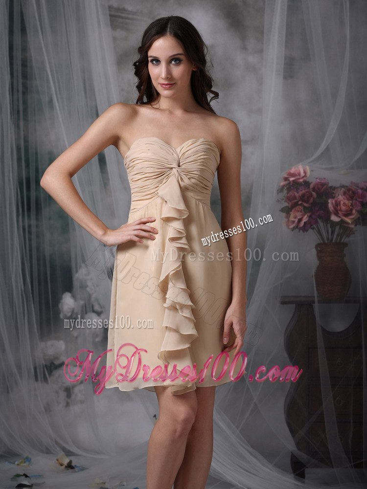 Champagne Column / Sheath Swetheart Mini-length Chiffon Ruch Prom Dress