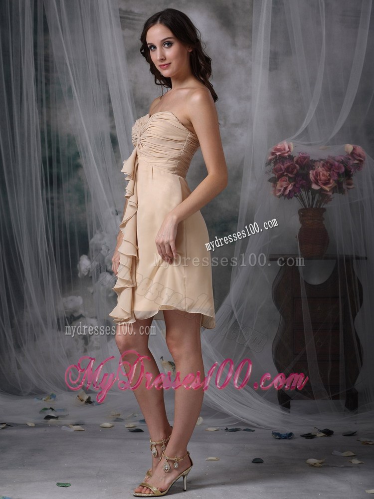 Champagne Column / Sheath Swetheart Mini-length Chiffon Ruch Prom Dress