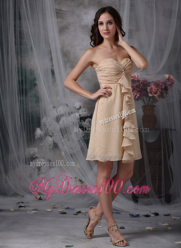 Champagne Column / Sheath Swetheart Mini-length Chiffon Ruch Prom Dress