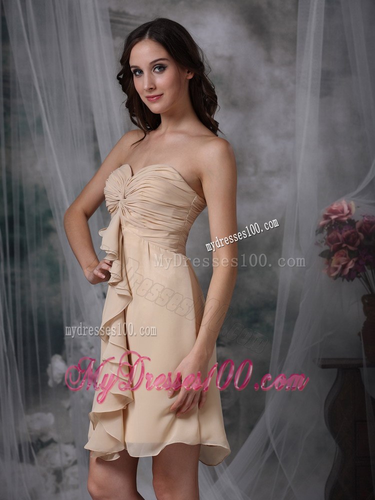 Champagne Column / Sheath Swetheart Mini-length Chiffon Ruch Prom Dress