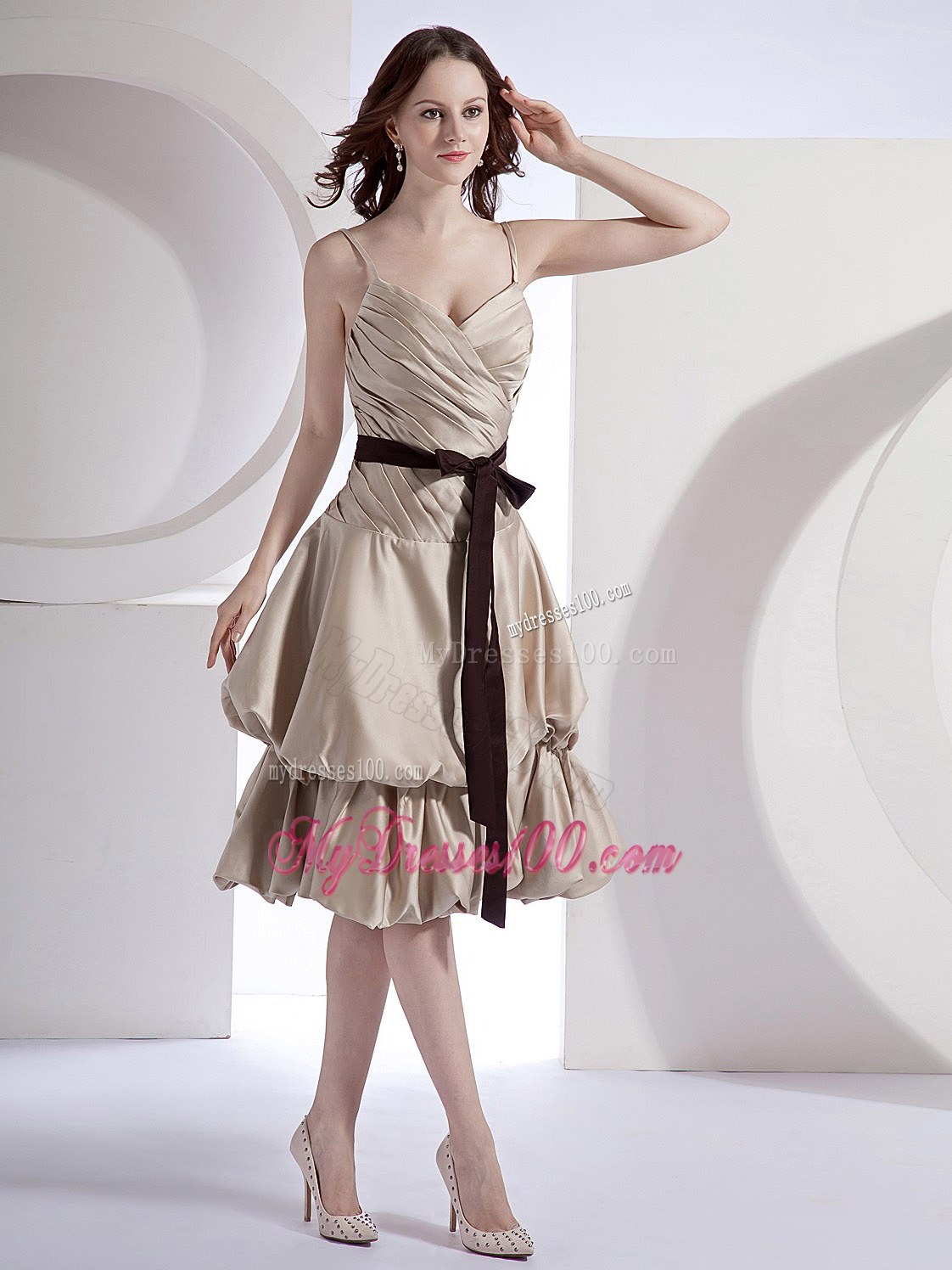 Champagne Spaghetti Straps Pick-ups Bridesmaid Dress with Black Sash
