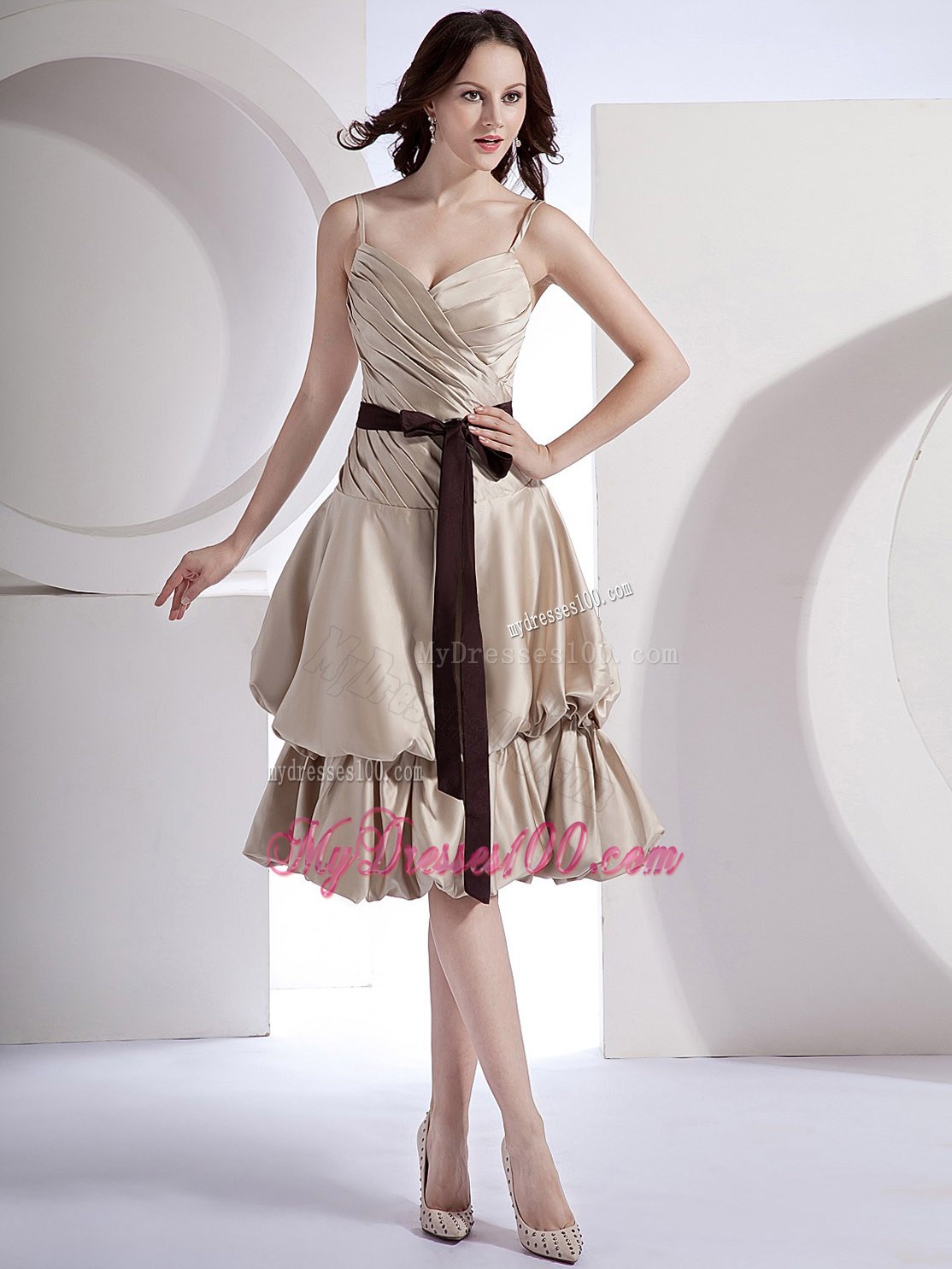 Champagne Spaghetti Straps Pick-ups Bridesmaid Dress with Black Sash