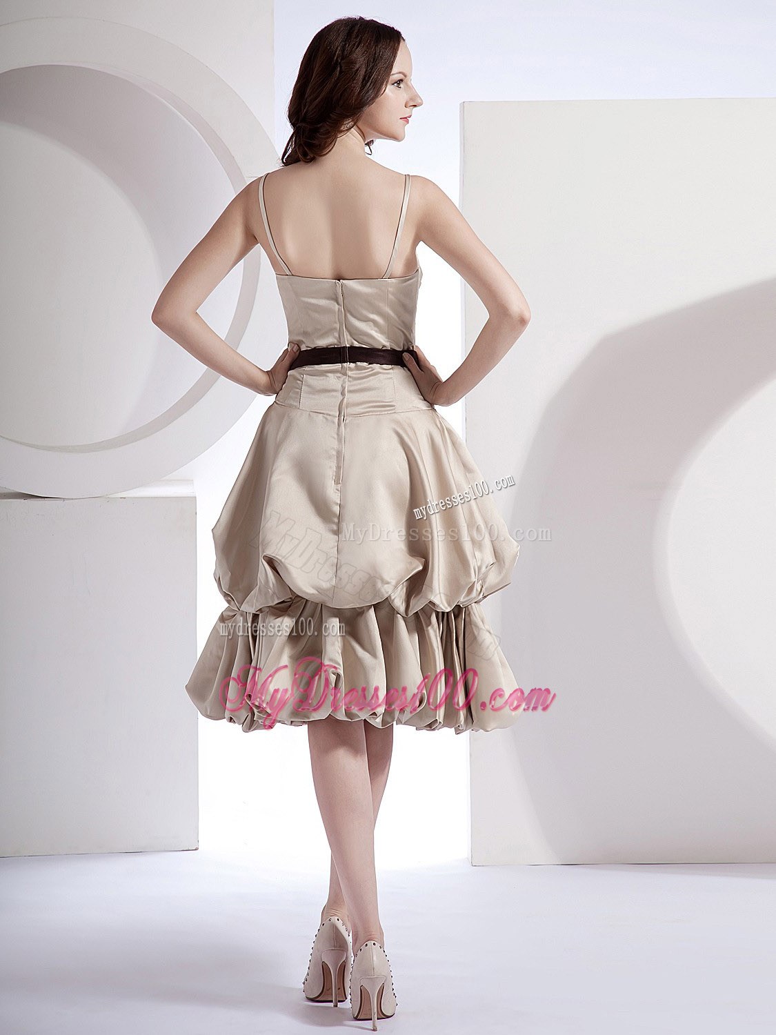 Champagne Spaghetti Straps Pick-ups Bridesmaid Dress with Black Sash