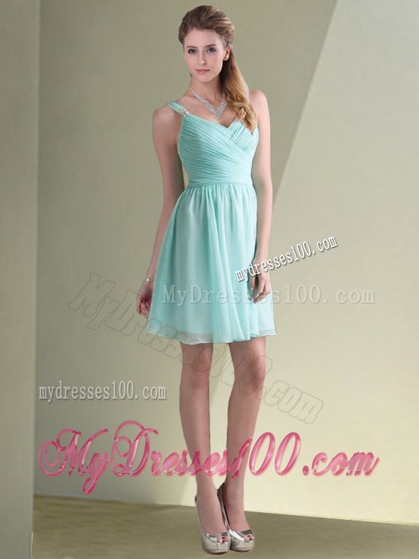 Cheap Straps Beaded and Ruched Aqua Blue Bridesmaid Dress in Chiffon