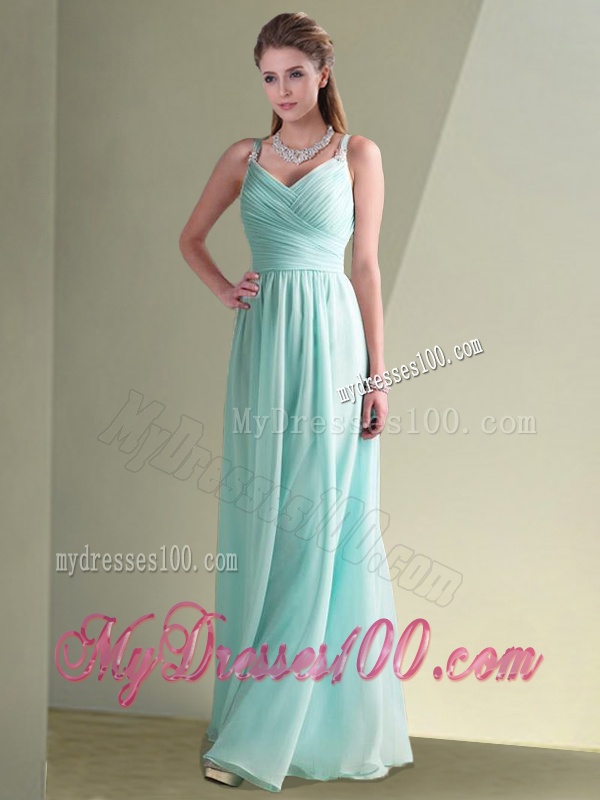 Cheap Straps Beaded and Ruched Aqua Blue Bridesmaid Dress in Chiffon