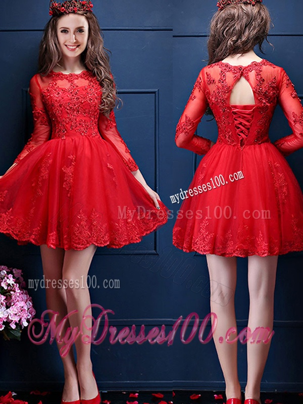 Classical Scoop Three Fourth Length Sleeves Short Bridesmaid Dress with Beading and Lace