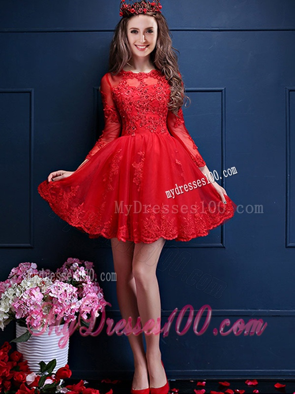 Classical Scoop Three Fourth Length Sleeves Short Bridesmaid Dress with Beading and Lace