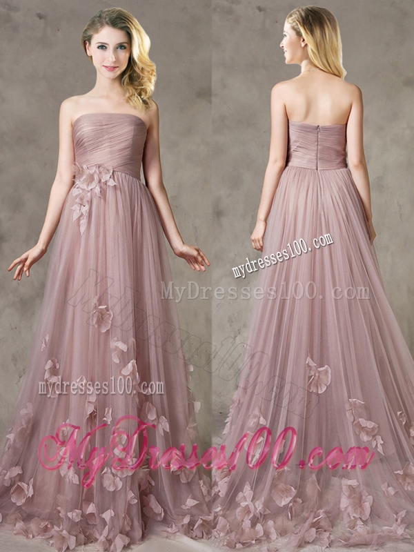 Classical Strapless Brush Train Bridesmaid Dress with Appliques