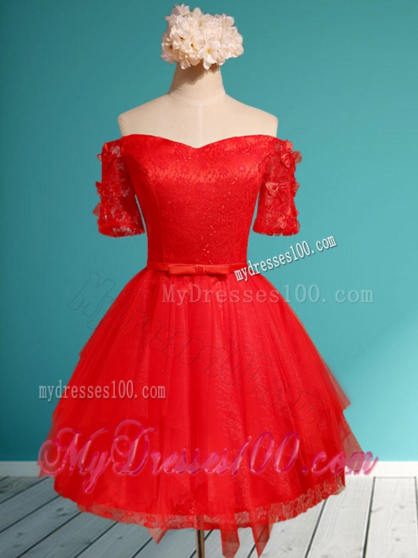 Comfortable Off the Shoulder Short Sleeves Red Bridesmaid Dress with Appliques and Belt