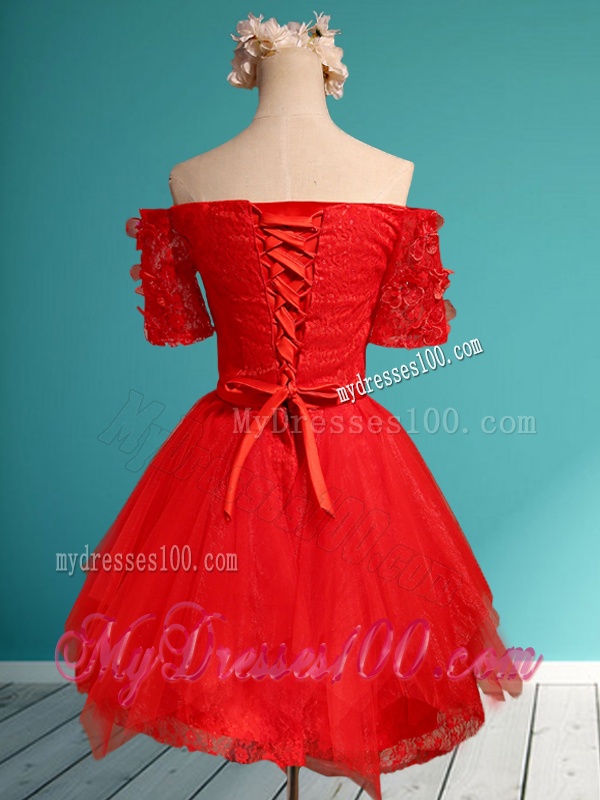Comfortable Off the Shoulder Short Sleeves Red Bridesmaid Dress with Appliques and Belt