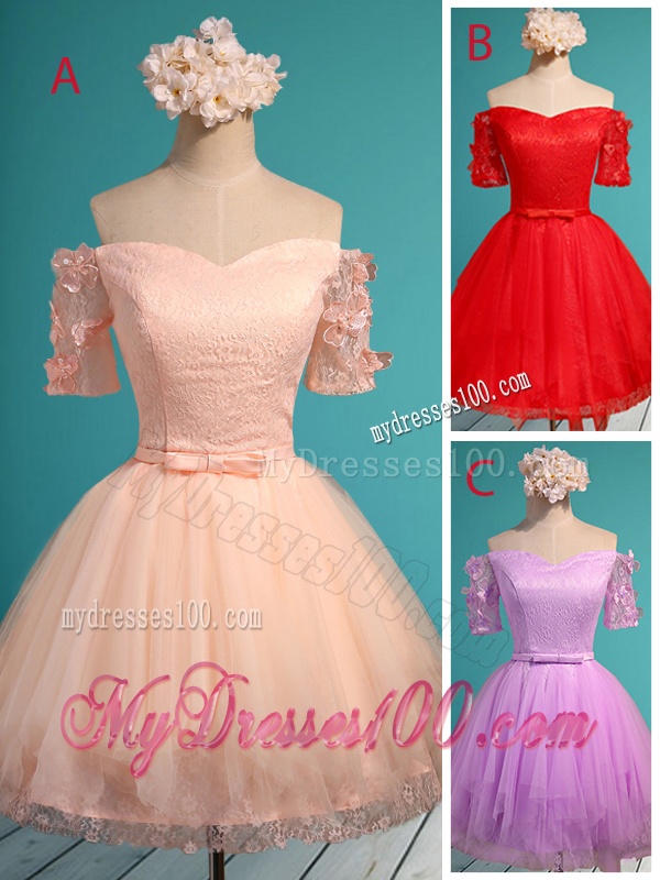Comfortable Off the Shoulder Short Sleeves Red Bridesmaid Dress with Appliques and Belt