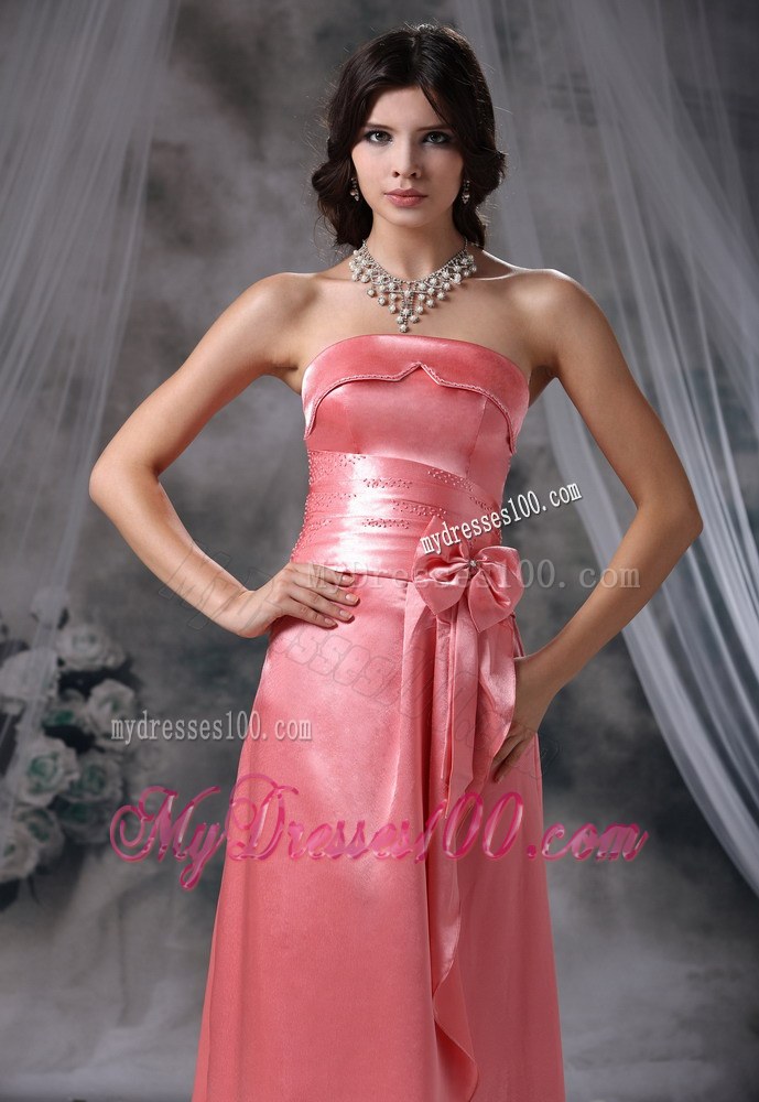 Waterloo Iowa Bowknot Beaded Decorate Bust and Wasit Strapless Taffeta Watermelon Red Floor-length Prom / Evening Dress For 2013