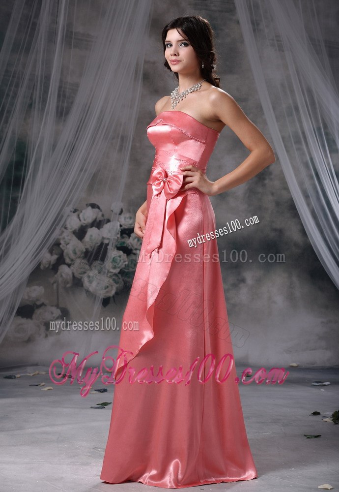 Waterloo Iowa Bowknot Beaded Decorate Bust and Wasit Strapless Taffeta Watermelon Red Floor-length Prom / Evening Dress For 2013