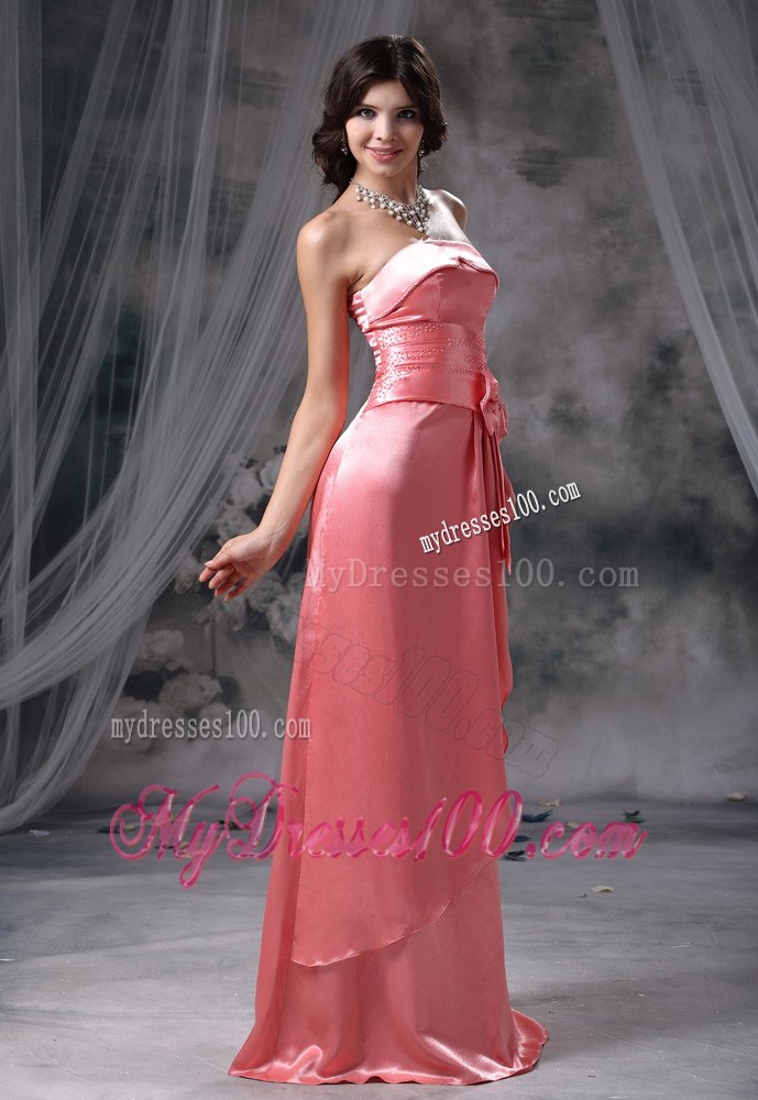 Waterloo Iowa Bowknot Beaded Decorate Bust and Wasit Strapless Taffeta Watermelon Red Floor-length Prom / Evening Dress For 2013