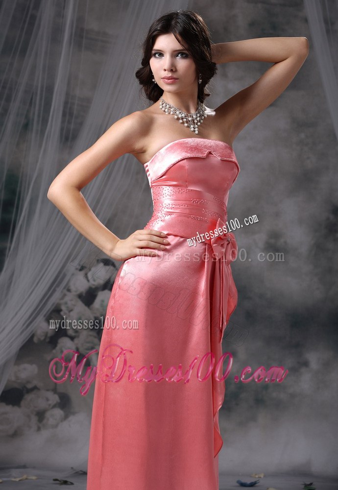 Waterloo Iowa Bowknot Beaded Decorate Bust and Wasit Strapless Taffeta Watermelon Red Floor-length Prom / Evening Dress For 2013