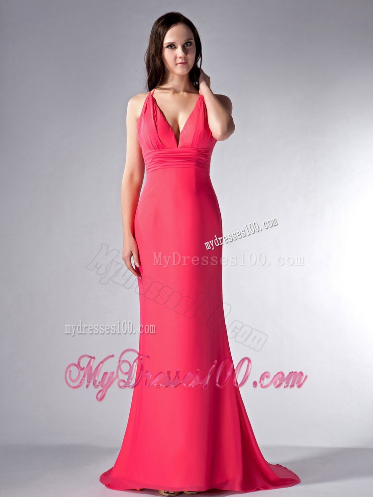 Coral Red Column V-neck Chiffon Bridesmaid Dress Brush Train