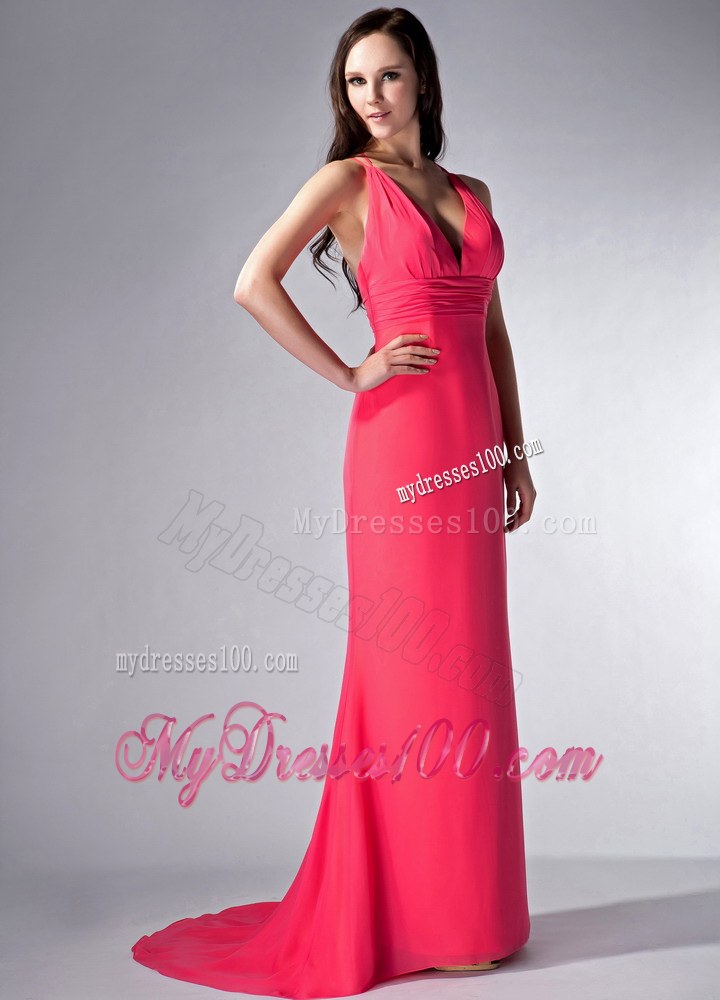 Coral Red Column V-neck Chiffon Bridesmaid Dress Brush Train