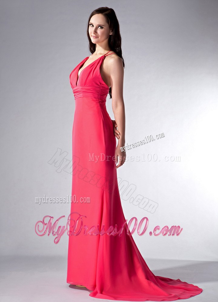 Coral Red Column V-neck Chiffon Bridesmaid Dress Brush Train
