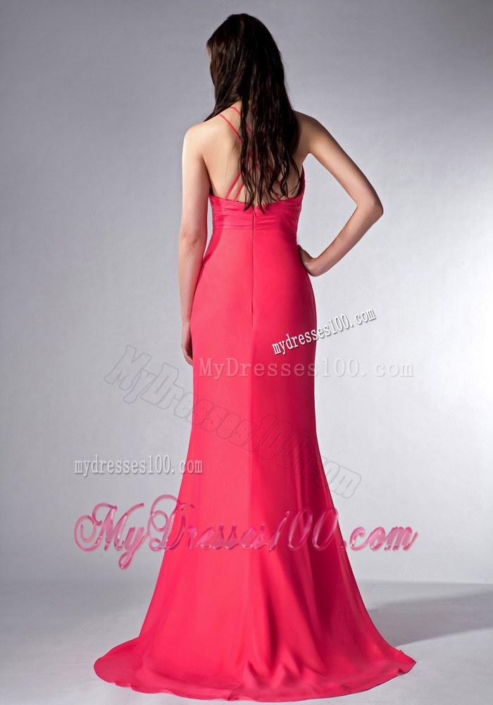 Coral Red Column V-neck Chiffon Bridesmaid Dress Brush Train