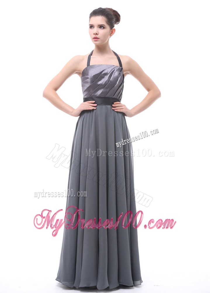 Grey Halter Ruch Black Belt Prom Dress For Custom Made
