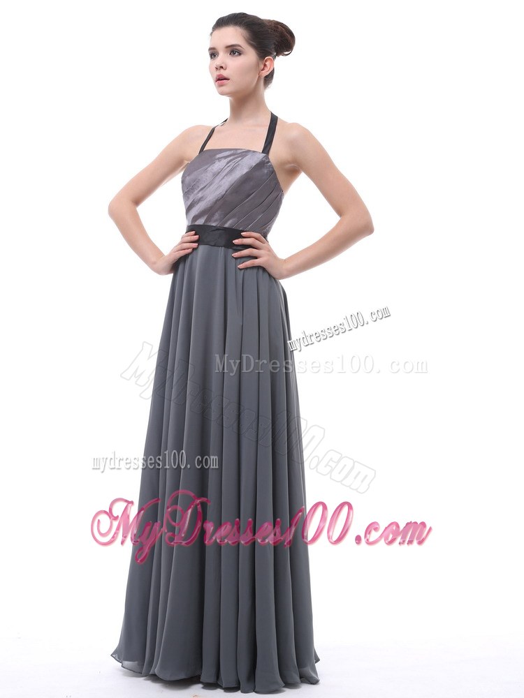 Grey Halter Ruch Black Belt Prom Dress For Custom Made