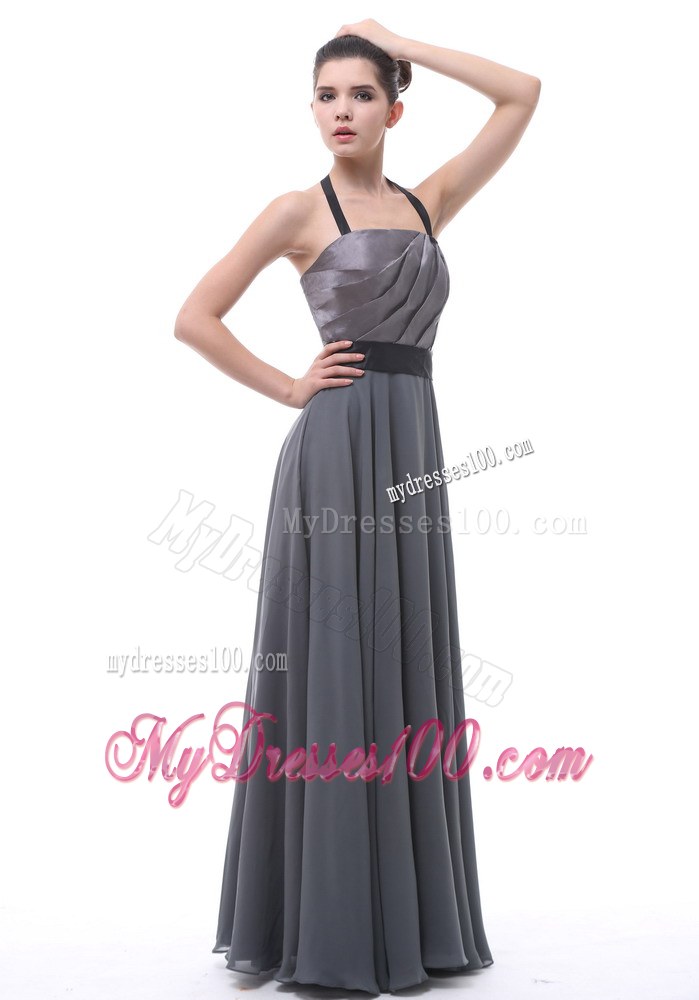 Grey Halter Ruch Black Belt Prom Dress For Custom Made