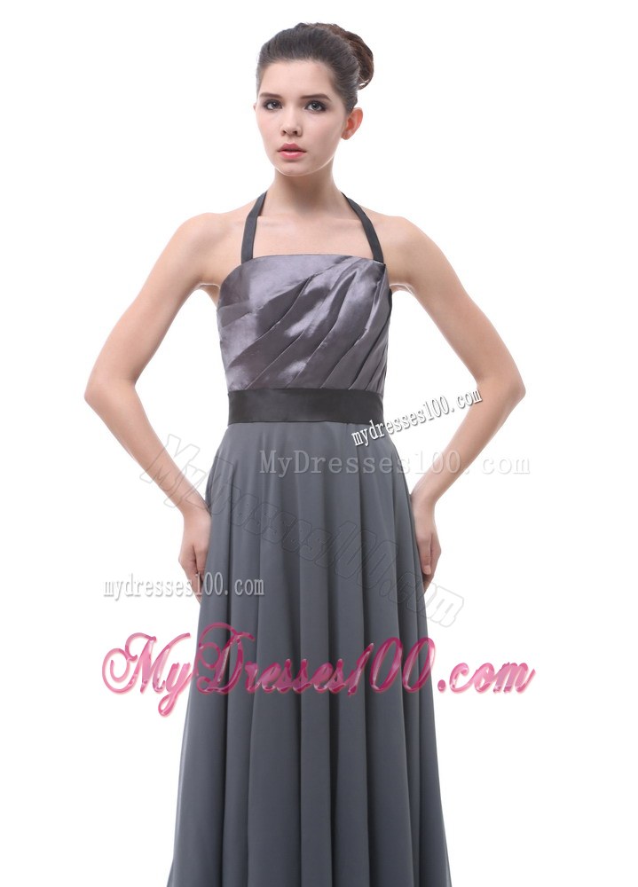 Grey Halter Ruch Black Belt Prom Dress For Custom Made