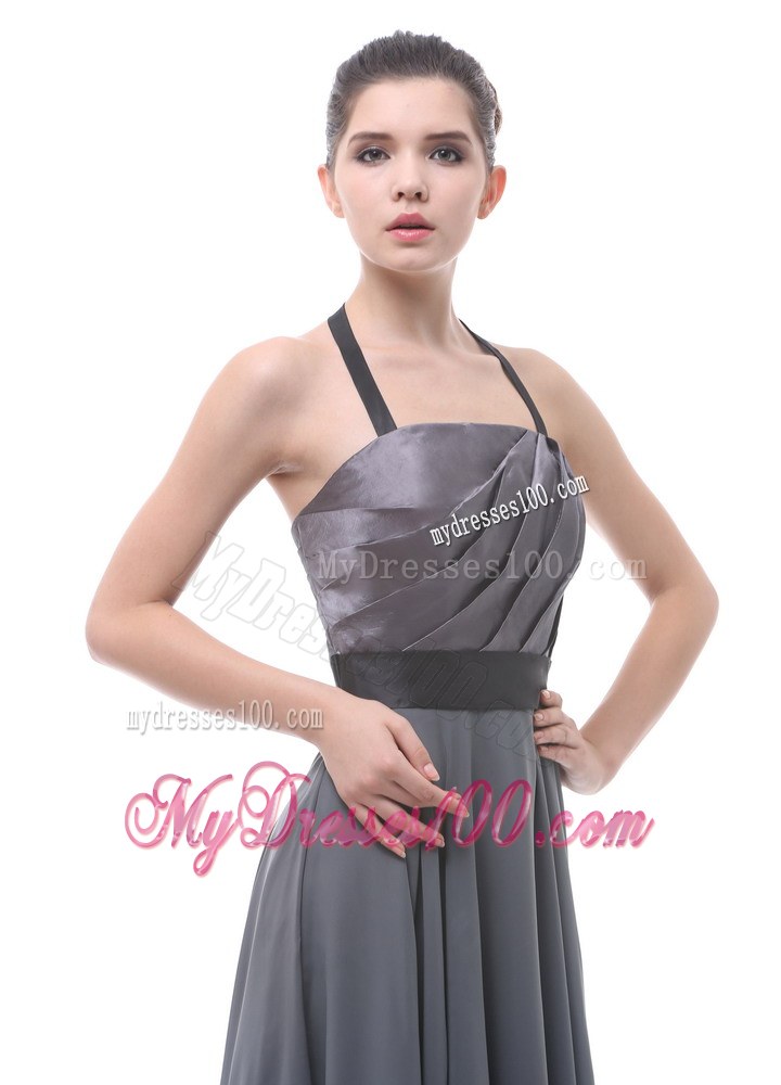 Grey Halter Ruch Black Belt Prom Dress For Custom Made
