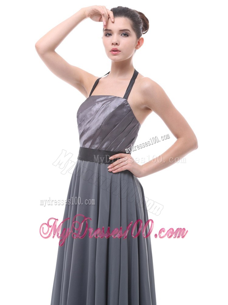 Grey Halter Ruch Black Belt Prom Dress For Custom Made