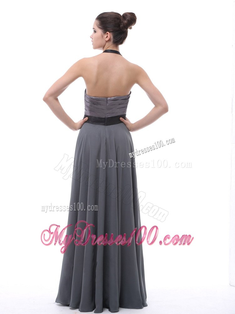 Grey Halter Ruch Black Belt Prom Dress For Custom Made