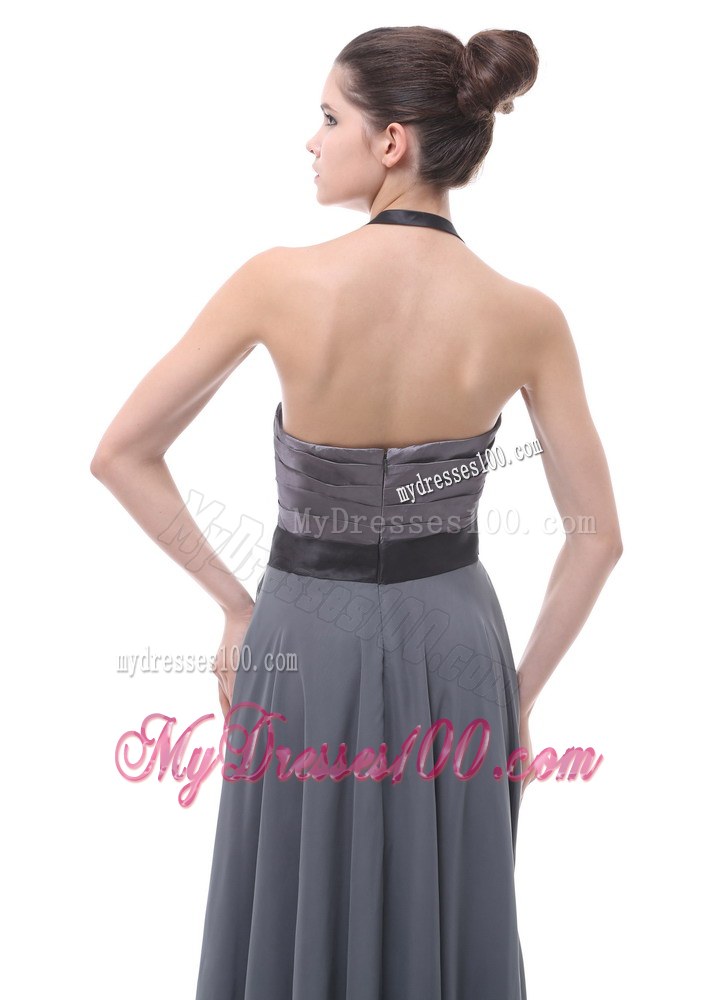 Grey Halter Ruch Black Belt Prom Dress For Custom Made