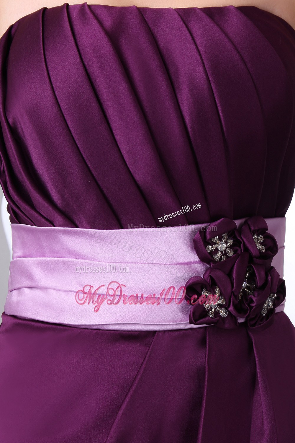 Dark Purple Strapless Short Bridesmaid Dress Hand Flower and Belt