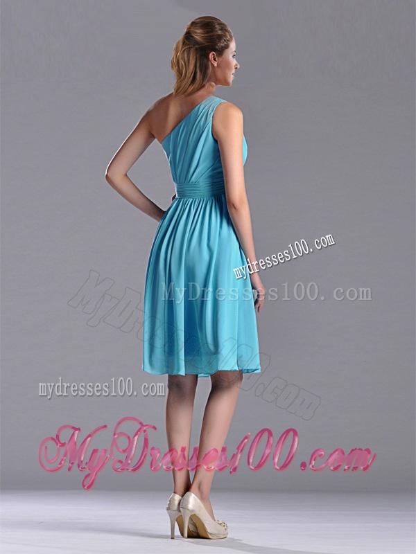 Discount Chiffon Baby Blue Knee Length Bridesmaid Dress with One Shoulder