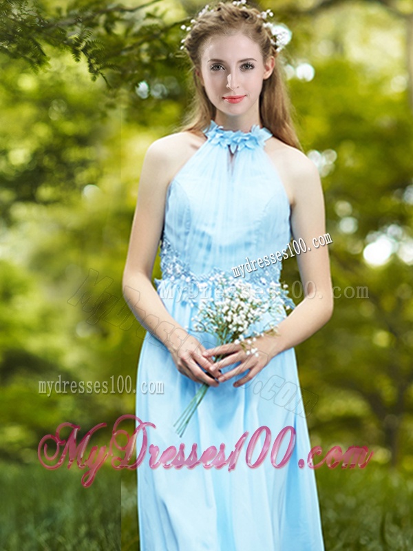 Discount Halter Top Light Blue Bridesmaid Dress with Appliques