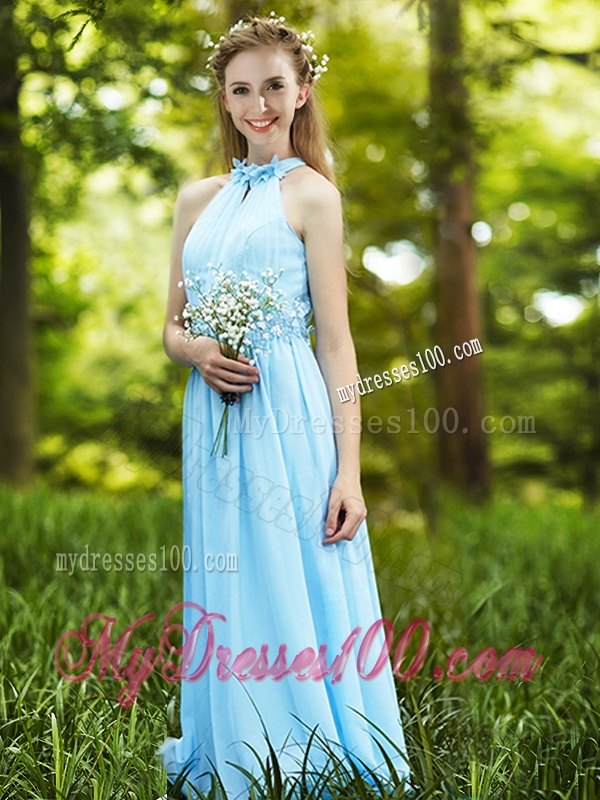 Discount Halter Top Light Blue Bridesmaid Dress with Appliques