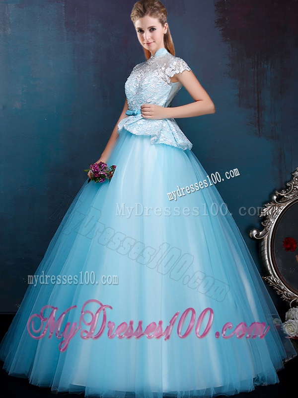 Elegant High Neck Cap Sleeves Bridesmaid Dress with Bowknot and Lace