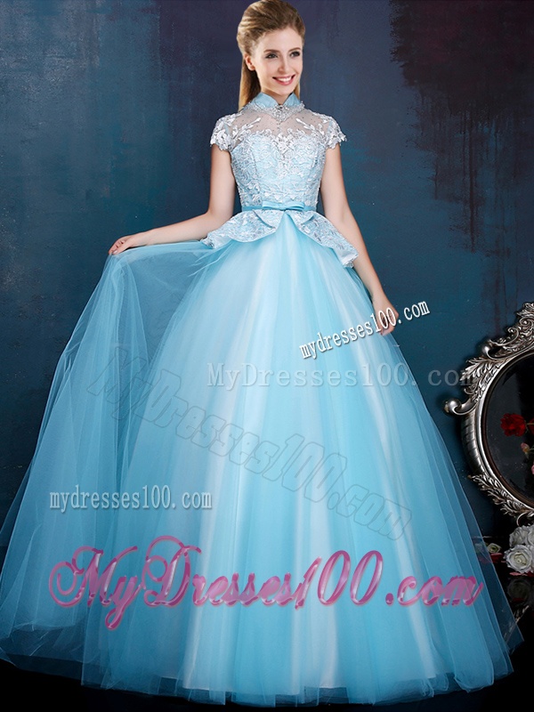 Elegant High Neck Cap Sleeves Bridesmaid Dress with Bowknot and Lace