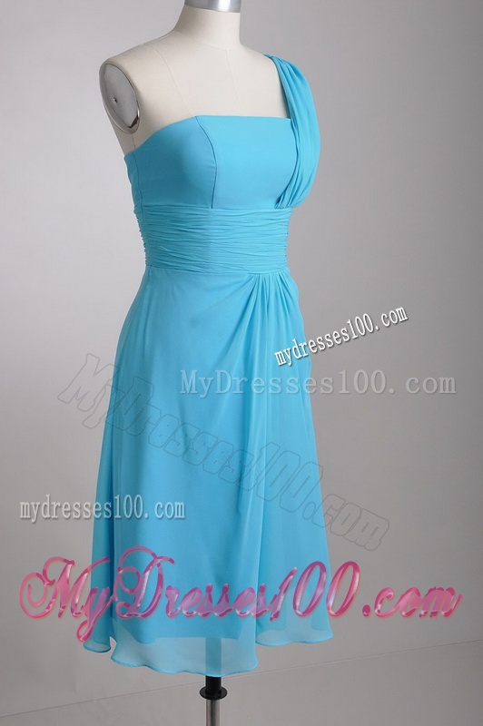 Elegant One Shoulder Ruched Chiffon Bridesmaid Dress in Aqua Blue