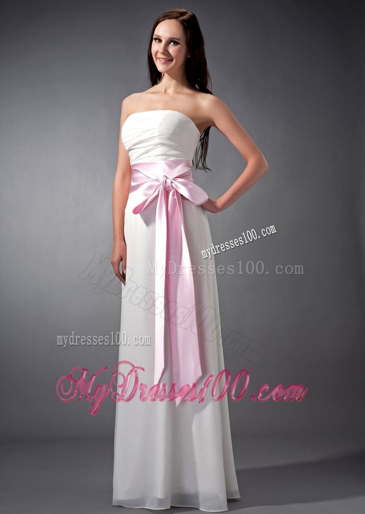 White and Baby Pink Sash Empire Strapless Bridesmaid Dress