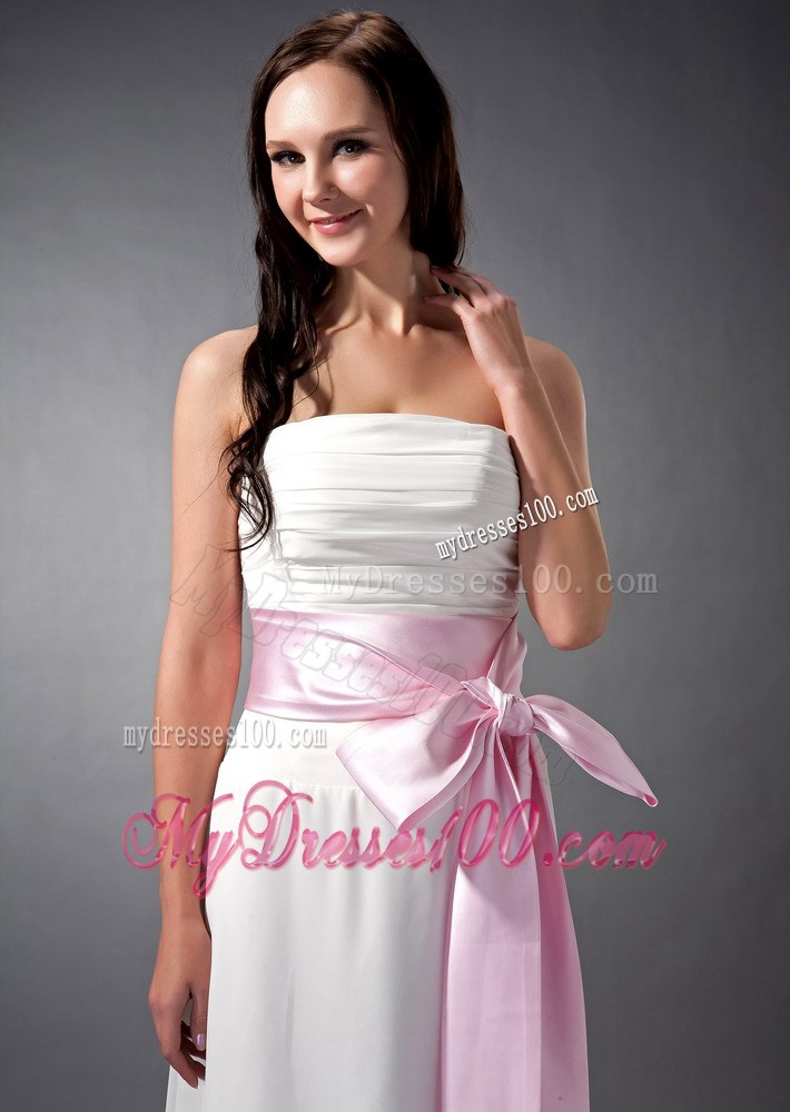 White and Baby Pink Sash Empire Strapless Bridesmaid Dress