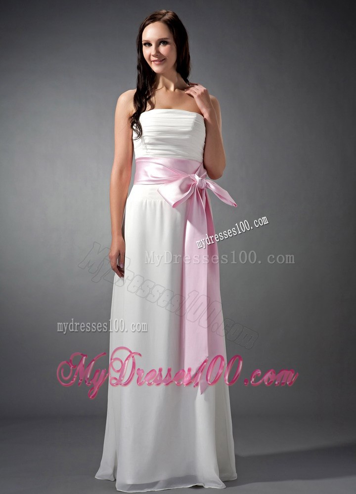 White and Baby Pink Sash Empire Strapless Bridesmaid Dress