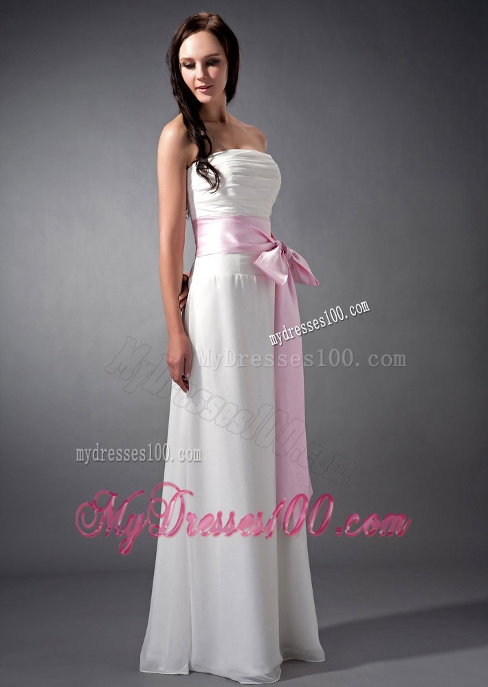White and Baby Pink Sash Empire Strapless Bridesmaid Dress